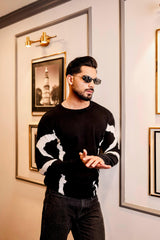 Drip Black With White Knitted Cotton Full Sleeves T-Shirt