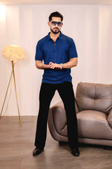 Arden Blue Knitted Cotton Zipper Polo T-Shirt