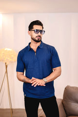 Arden Blue Knitted Cotton Zipper Polo T-Shirt