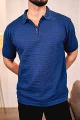 Arden Blue Knitted Cotton Zipper Polo T-Shirt