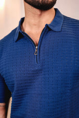 Arden Blue Knitted Cotton Zipper Polo T-Shirt
