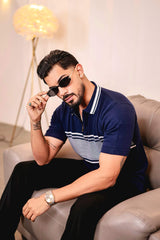 Aster Navyblue Knitted Cotton Zipper Polo T-Shirt