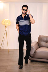 Aster Navyblue Knitted Cotton Zipper Polo T-Shirt