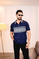 Aster Navyblue Knitted Cotton Zipper Polo T-Shirt