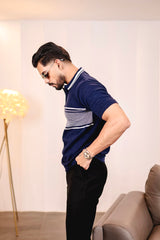 Aster Navyblue Knitted Cotton Zipper Polo T-Shirt