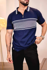 Aster Navyblue Knitted Cotton Zipper Polo T-Shirt