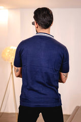 Aster Navyblue Knitted Cotton Zipper Polo T-Shirt