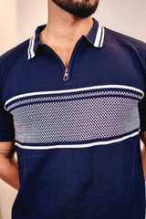 Aster Navyblue Knitted Cotton Zipper Polo T-Shirt