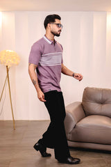 Aster Iris Purple Knitted Cotton Zipper Polo T-Shirt