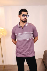 Aster Iris Purple Knitted Cotton Zipper Polo T-Shirt