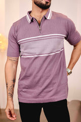 Aster Iris Purple Knitted Cotton Zipper Polo T-Shirt