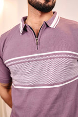 Aster Iris Purple Knitted Cotton Zipper Polo T-Shirt