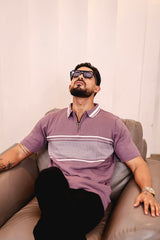 Aster Iris Purple Knitted Cotton Zipper Polo T-Shirt