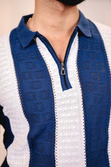 Elipsian Blue Knitted Cotton Zipper Polo Full Sleeves T-Shirt