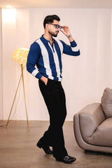 Elipsian Blue Knitted Cotton Zipper Polo Full Sleeves T-Shirt