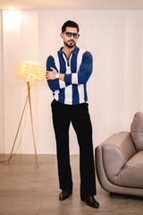 Elipsian Blue Knitted Cotton Zipper Polo Full Sleeves T-Shirt