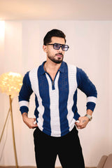 Elipsian Blue Knitted Cotton Zipper Polo Full Sleeves T-Shirt