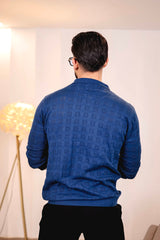 Elipsian Blue Knitted Cotton Zipper Polo Full Sleeves T-Shirt