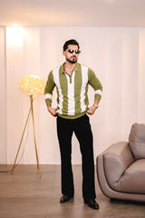 Elipsian Light Olive Knitted Cotton Zipper Polo Full Sleeves T-Shirt