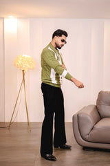 Elipsian Light Olive Knitted Cotton Zipper Polo Full Sleeves T-Shirt