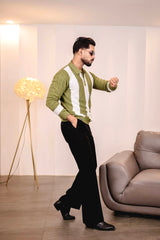 Elipsian Light Olive Knitted Cotton Zipper Polo Full Sleeves T-Shirt