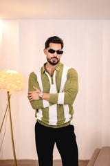 Elipsian Light Olive Knitted Cotton Zipper Polo Full Sleeves T-Shirt