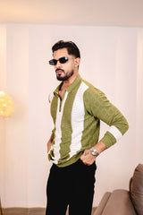 Elipsian Light Olive Knitted Cotton Zipper Polo Full Sleeves T-Shirt