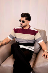 Mirage Maroon Multicolour Knitted Cotton T-Shirt