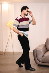 Mirage Maroon Multicolour Knitted Cotton T-Shirt