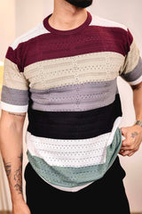 Mirage Maroon Multicolour Knitted Cotton T-Shirt