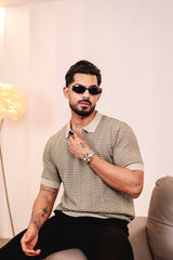 Vellin Cream With black Knitted Cotton Polo T-Shirt