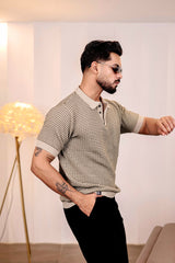 Vellin Cream With black Knitted Cotton Polo T-Shirt