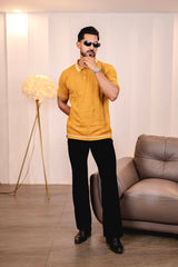 Crosian Yellow Knitted Cotton Polo T-Shirt