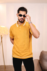 Crosian Yellow Knitted Cotton Polo T-Shirt