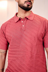 Reddish Pink Knitted Cotton Polo T-Shirt