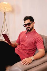 Reddish Pink Knitted Cotton Polo T-Shirt