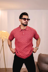 Reddish Pink Knitted Cotton Polo T-Shirt