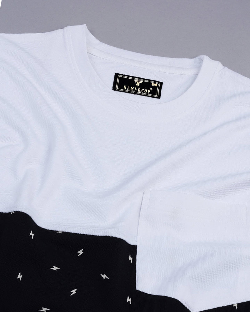 Black With White Lightning Bolt Printed Pique Pima Designer T-Shirt