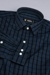 Black with cream and blue line check shirt