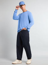 Vibrant SkyBlue Melange Knitted Cotton Full Sleeves T-Shirt