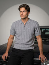 Tbesta Gray Knitted Melange Cotton Zipper Polo T-Shirt