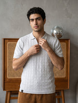 Tbesta Ivory Cream Knitted Melange Cotton Zipper Polo T-Shirt