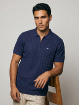 Tbesta NavyBlue Knitted Melange Cotton Zipper Polo T-Shirt
