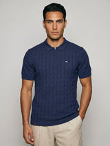 Tbesta NavyBlue Knitted Melange Cotton Zipper Polo T-Shirt
