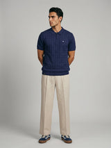 Tbesta NavyBlue Knitted Melange Cotton Zipper Polo T-Shirt