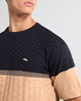 Gray With Cream And Green Knitted Cotton Designer T-Shirt