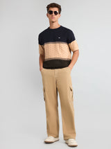 Gray With Cream And Green Knitted Cotton Designer T-Shirt