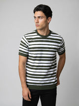 Aura Green Stripe Knitted Cotton T-Shirt