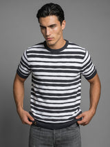 Aura Gray Stripe Knitted Cotton T-Shirt