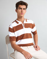 Eclair Brown Knitted Cotton Zipper Polo T-Shirt